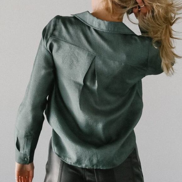 JUST Female Mae Shirt Jade Green Shiny Texture Button Up Long Sleeve Blouse - Picture 2 of 15